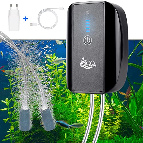 AQQA Aquarium Luftpumpe,2.5W Extrem Leise Aquarium Sauerstoffpumpe mit 2 Luftauslässe,Einstellbare Luftauslässe Aquariums Luftpumpe