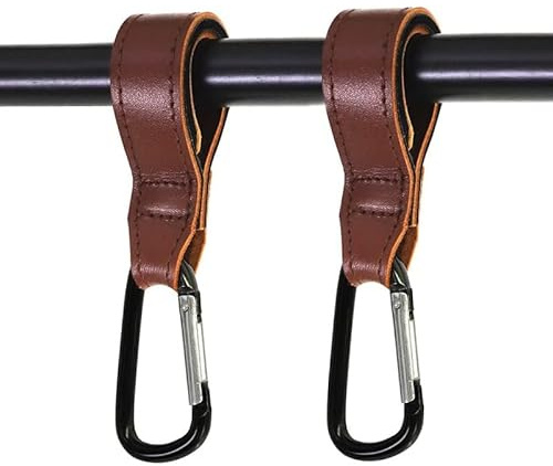 2er Set Kinderwagen Haken Karabinerhaken für Wickeltasche Wickelrucksack Beutel LEDER Braun