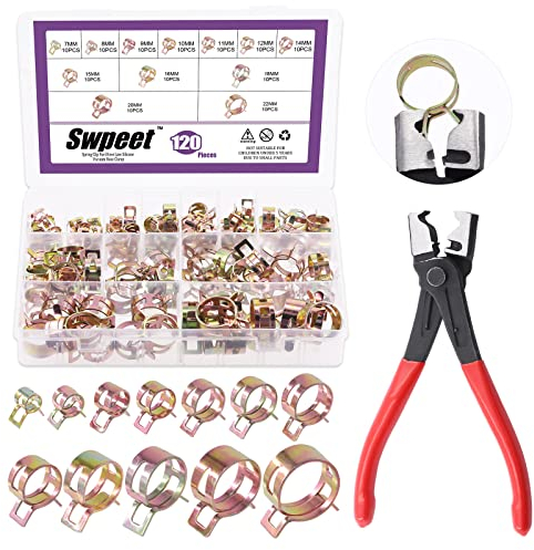 Swpeet 121Pcs Spring Band Hose Clamps Assortment Kit - 7-22mm CV Boot Hose Clip Pliers, Silicone Vacuum Pipe Clamp, Low Pressure Air Clip