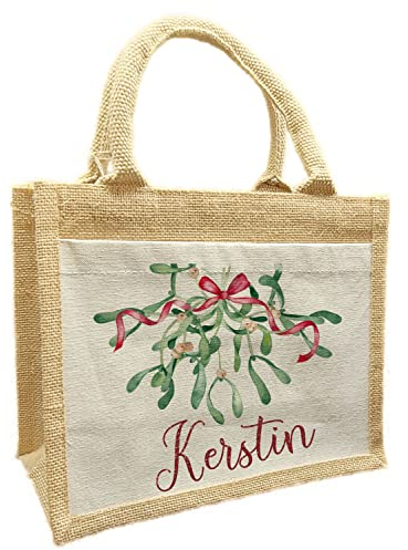 CreaDesign, Nikolaustasche mit Namen personalisiert, Nikolaustüte aus Jute, Mistelzweig XXL 26 x 22 x 14 cm