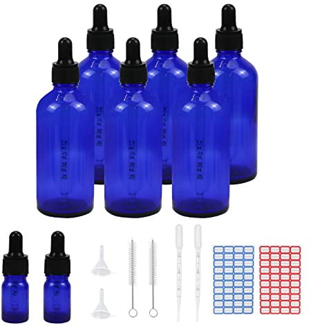 Reyshin 100ml Glass Dropper Bottles, 6 Pack Blue Glass Bottle with Dropper Pipettes Refillable Sample Dropper Bottle for Essential Oil Massage Aromatherapy Eye Drops(100ml blue)