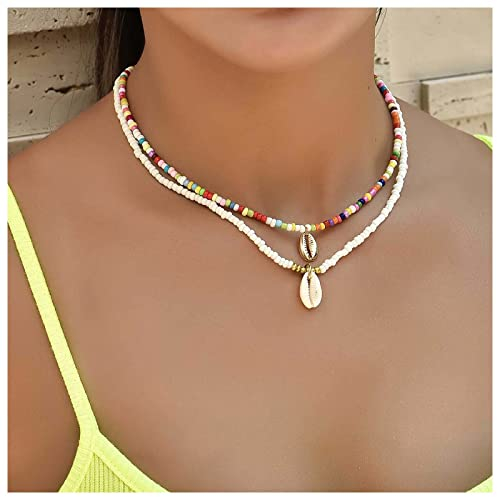 Inilbran Boho Vintage Rainbow Kauri Muschel Halskette Choker Bunte Reisperlen Kette Schmuck für Frauen und Mädchen