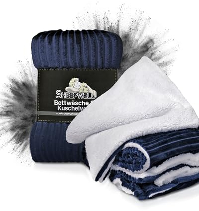Sheepwell® Flauschige Plüsch Bettwäsche Navy Blue weiß Bettwäsche 135x200, Kissenbezug 80x80 Winterbettwäsche, Kinderbettwäsche, Fellbettwäsche kuschelig warm, Flanell, kuschelweich, bügelfrei