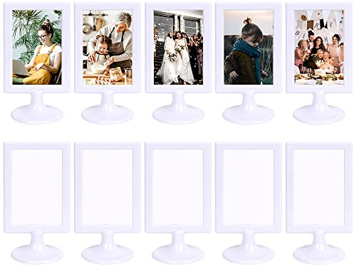 Double Sided Standing Picture Frames, 4x6 Inch 2 Sided Pedestal Photo Frame with Inserts and Base, Plastic Vertical Photo Frame For Display (White, 10 Pack)