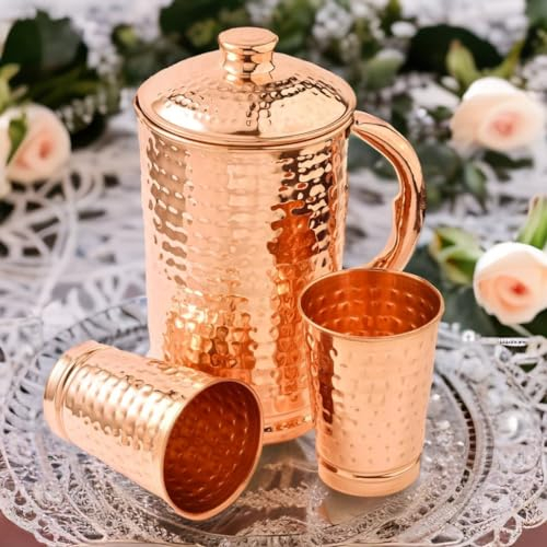 Jarra de cobre 100% puro de 1500 ml con 2 vasos, martillada de agua potable con vasos, juego de tapa y tazas, botella de agua con mango, beneficios para la salud