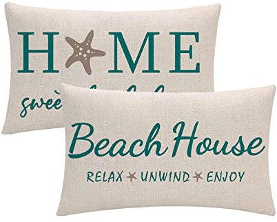 7COLORROOM 2Pack Beach House Decor Pillow Covers Relax/Enjoy/Unwind/Starfish Rectangular/Waist Cushion Covers Blue Home Sweet Home Summer Holiday Decorative Lumber Pillowcases 12 X 20(Blue)