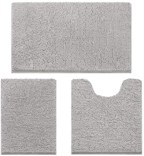wyewye 3-Piece Chenille Bath Mats - Super Absorbent, Fluffy Shaggy, Non-Slip Bath Rugs for Machine-Washable, Quick-Dry, Light Grey