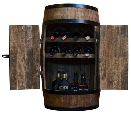 CREATIVE COOPER Weinfass Stehtisch mit Tür und Weinliegen - Alkoholschrank Flaschenregal - Holzfass - Fassmöbel - Wine Rack - Wineregal Holz - Weinbar - Fass bar mit Tür - Fassbar 80cm (Wenge)