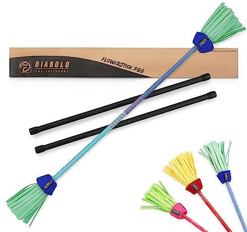 Diabolo Freizeitsport Flowerstick Pro (blau-türkis) – Profi-Flowerstick aus Fiberglas inkl. 2 Handstäben, UV reaktiv, handbemalt, Festival-Hingucker