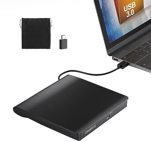ORIGBELIE Lecteur CD Externe USB 3.0 et Type-C Portable CD/DVD +/-RW Graveur DVD Externe, Ultra Mince Lecteur DVD Externe pour PC Laptop Desktop iMac MacBook Pro/Air Windows 11/10/8/7/XP Linux Mac OS