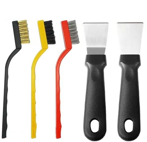 2Pcs Oven Scraper Tool,Induction Hob, Stoves,None-Scratches Putty for Kitchen Cleaning with 3Pcs Stainless Steel Brass Nylon Brush for Stove Pan