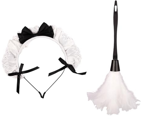 MEISH Lot de 2 accessoires de soubrette française - Bandeau en dentelle à volants - Plumeau Lolita - Pour femme - Décoration de fête d'Halloween