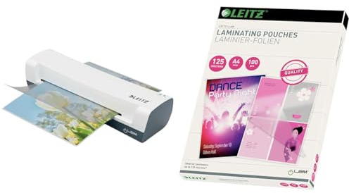 Leitz iLAM Home Laminator, Vit A4-lamineringsmaskin, Uppvärmningstid på Tre Minuter, Fickor med 75-125 Mikron, Inkluderar Startpaket med Fickor, 74310001 & Leitz 74300002 Lamineringspåsar, 100 st