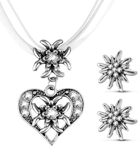 Patelai Set di 3 Gioielli Bavaresi Tradizionali Collana Tedesca con Ciondolo a Forma di Stella Alpina con Strass e Orecchini a Bottone di Stella Alpina per Donna Pantaloni in Pelle Dirndl (Bianco)