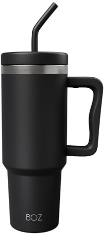 BOZ - Trinkbecher mit Deckel und Strohhalm - 1200 ml - Ästhetisches Design - hochwertiger Thermobecher aus Edelstahl für heiße & kalte Getränke to go - Perfekt geeignet für Auto & Reisen (Schwarz)