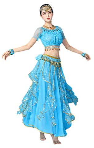 Bollywood indisches Damenkleid mit arabischem Spitzenband, Bauchtanz, 3-teiliges Kleid für Mädchen (Oberteil, Rock, Gürtelschal)