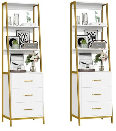 HOCSOK Ladder Shelf, Bookshelf with 3 Drawers & Metal Frame, 4 Tier Storage Rack, Wooden Bookcase for Living Room, Bedroom, Office(2PCS)