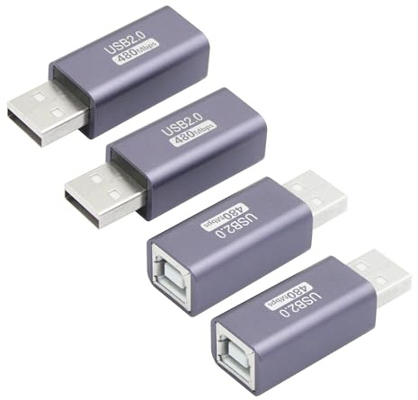 Maixbomr 4Pcs USB 2.0 B Type Connector Adapter, USB A Male to USB B (MIDI) Female Power and Data Extension Adapter, Aluminum Alloy Housing, for Electronic Piano, Printer, Scanner etc.