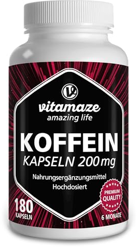 Koffein Kapseln hochdosiert, 180 Kapseln mit 200 mg reinem Koffein Pulver für 6 Monate, 2 Tassen Kaffee in einer Kapsel, Nahrungsergänzung ohne unnötige Zusatzstoffe, Made in Germany