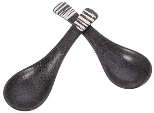 iplusmile Retro Ceramic Soup Spoon Set 2pcs – 5.5 Porcelain Ramen Spoons, Stain-Resistant & Smooth for Easy Cleaning – Vintage Black Tableware for Ramen, Pho, Noodles, Home Dining