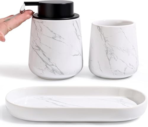Badezimmer Set Umlaca Bathroom Accessories,3-teiliges Zubehör Enthält 350ml Seifenspender,320ml Zahnputzbecher und Seifenschale,Geeignet für Bad,Waschbecken (Marmorierter Flüssigseifenspender)