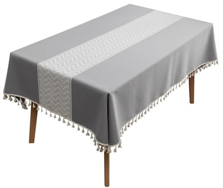 Epinki Tischdecken, Grau Tischtuch Welle Muster mit Quaste Polyester, Abwaschbare Tischdecke Biertisch Abwaschbar für Drinnen Draussen Garten Esszimmer Party und Festen, 140x260CM