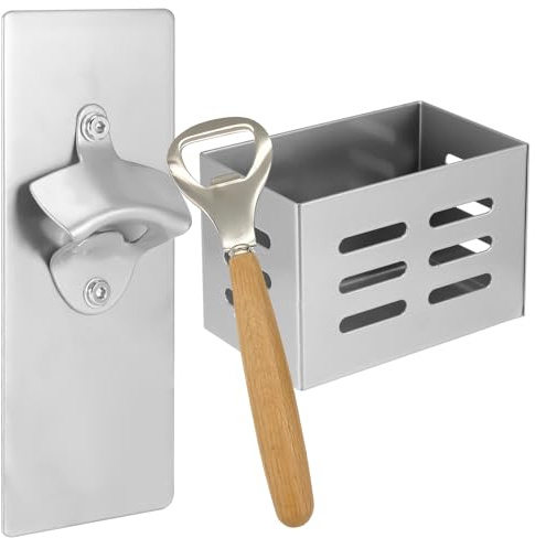 Wowlela Flaschenöffner Wandmontage Beer Opener Edelstahl Wandflaschenöffner mit Auffangbehälter Bieröffner Wand, Flaschenöffner zur Bierkappenöffner, Geschenk für Männer & Bierliebhaber