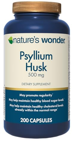 Nature's Wonder Psyllium Husk 500 mg Capsules for Digestive Health, Plant-Based Fiber, 200 Count
