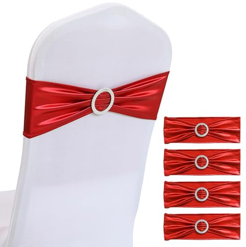 Funda de Silla Lazos, Brillante Bandas Metálico Funda para Silla con Deslizador de Hebilla, Universal Bandas Spandex Elásticas de Sillas para Boda Fiesta Decoración de Banquetes (Bright Red,4 Pcs)