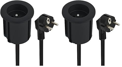 Electraline 35457 Bloc Multiprise Encastrable Compacte avec 1 Prise 16A pour Bureau/Table, 54 mm de diamètre ou 60mm Standard avec Adaptateur (Inclus), Facile a Installer, prolongateur de 2M
