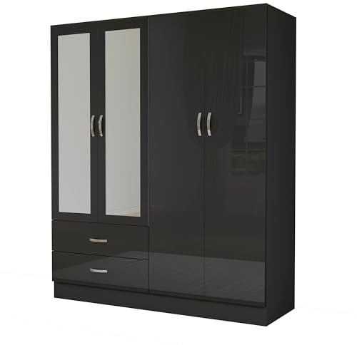 Nera High Gloss 4 Door Wooden Wardrobe with Mirror and Drawers for Bedrooms Storage (Gloss Black(Matt Black))