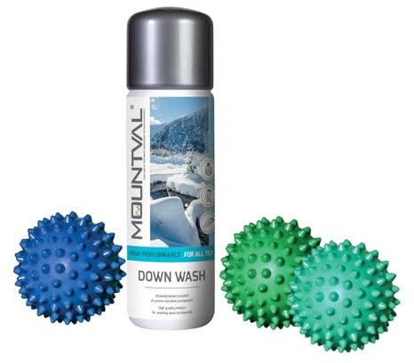 Mountval Daunen Waschmittel, Reinigen und Auffrischen von Daunenjacken, Schlafsäcken und Outdoor-Bekleidung, Sanftes Daunenwaschmittel und Trocknerbälle, Bauschkraft und Isolierung - 300 ml