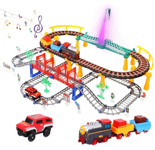 Electric Train Set Toy for Kids, Trains Toy with Train Whistles & Glowing Bridge Lights, Railway Trains Track Toys Playset Christmas Birthday Gifts for 5 6 7 8 Years Old Boys Girls