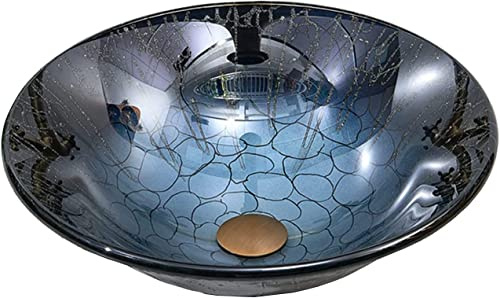 Ceramic Bathroom Sink Round Countertop Basin Sink Hand Painted Retro Bathroom Vessel Sink Tempered Glass Washbasin For Lavatory With Faucet 450X450X140mm.Yellow-Washbasin