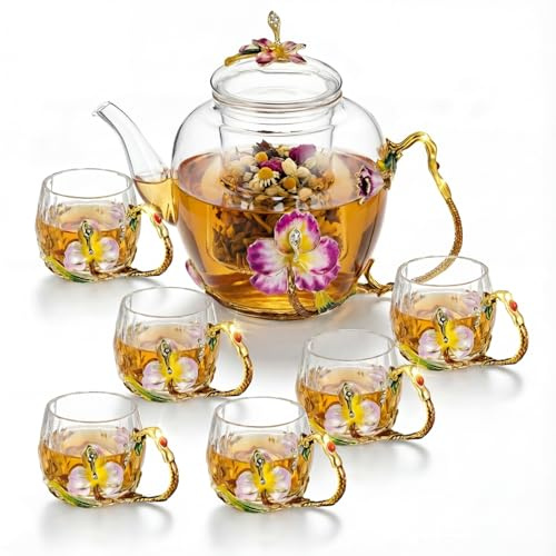 Maxdot Floral Glass Tea Set with Teapot and 6 Cups, 51 oz Vintage Flower Teapot Set with Handle Cups, Decorative Glass Gift for Mother Day Women Mom Tea Party