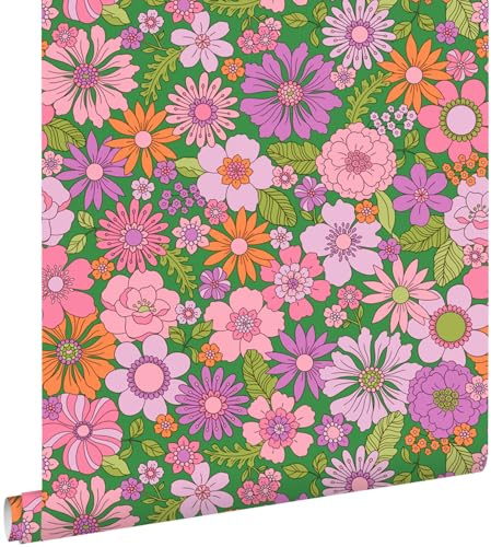 Esta Home Tapete Retro Blumen Grün, Lila, Rosa und Orange 50 x 900 cm