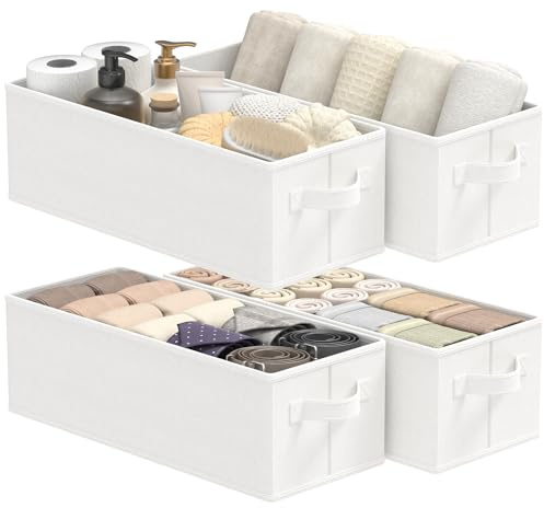GUOHNHE Cajas de Almacenaje Plegables, Organizadores de Armario, Cestas para Estantes, para Dormitorio, Sala de Estar, Paquete de 4, Blanco, 38 x 15.5 x 13 cm, XSNY19W-4