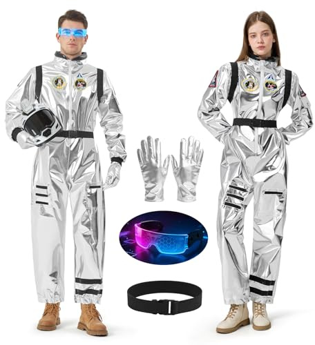 Cheffery Costume da Astronauta Uomo Donna, Tuta Spaziale Argentata con Guanti e occhiali LED, Costume Astronauta per Adulto Cosplay Carnevale Halloween (XL)
