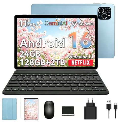 TABWEE T90 11 Zoll Tablet mit Tastatur und Stift, Android 16 mit Gemini AI | 24GB RAM+128GB ROM (TF 2TB), 8000mAh Akku, Widevine L1, 13MP Kamera, 5G WiFi, PC-Tablet für Schule, Studium & Arbeit -Blau