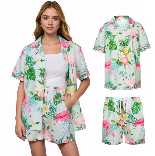 Moerstar Camicia Hawaiana Donna Set, Camicia Hawaiana con Pantaloncini Camicia Donna Maniche Corte Camicie Estive Camicie Hawaiane per Estive Spiaggia