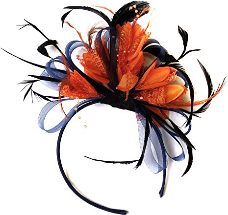 Caprilite Navy Blue and Orange Feather Hair Fascinator Headband Wedding and Royal Ascot Races Ladies