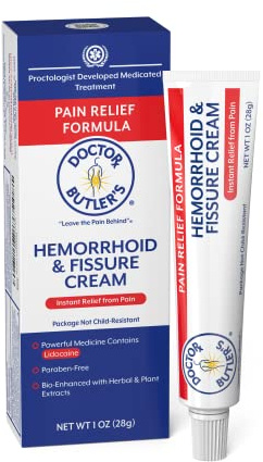 Doctor Butler's Hemorrhoid & Fissure Cream - Instant Pain Relief with Lidocaine, Fast Acting Hemorrhoid Treatment for Relief from External Itching and Burning (1 oz.)