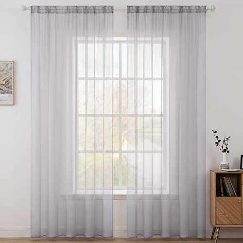 MIULEE 2 Panels Solid Color Sheer Window Curtains Smooth Elegant Window Voile Panels/Drapes/Treatment for Bedroom Living Room Light Gray 55 Wx88 L, Rod Pocket