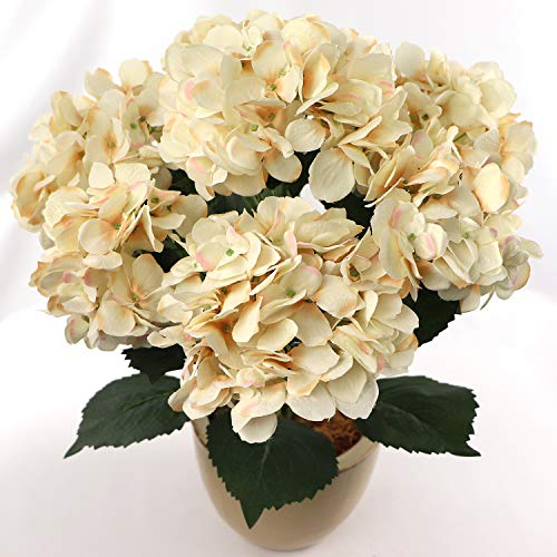 Larksilk Beige Hydrangea Silk Flower Bush - Real Touch, UV Resistant, 7 Heads Per Bush - Adjustable Stem, Rich Green Leaves - Perfect for Indoor & Outdoor Wedding Decor