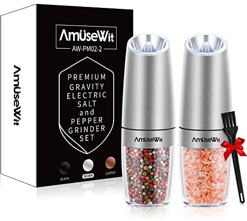 AmuseWit Gravity Electric Salt and Pepper Grinder Set【White Light】- Battery Operated Automatic Salt and Pepper Mills,Adjustable Coarseness,One-Handed Operation,Utility Brush,Stainless Steel by