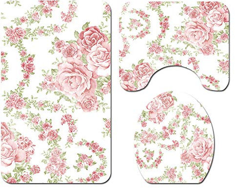 Morbuy Juego de 3 Piezas de Alfombra de baño Antideslizante + Tapa de Inodoro + Alfombrilla de baño, Estampado Floral (Rosa Rosada)