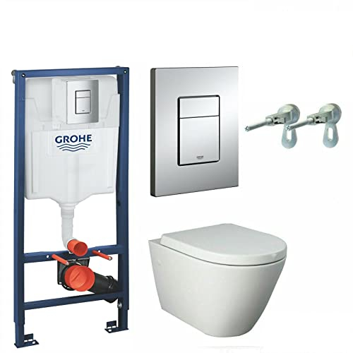 Anas Grohe Wc Frame 1.13 Concealed Cistern 38772001 RAK Ceramics Rimless Wall Hung Toilet Pan and Soft Close Seat