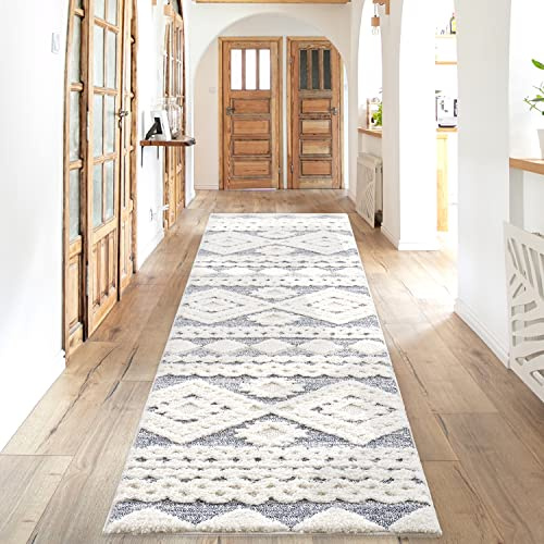 payé Teppich Läufer - Hochflor - Boho - Pastell Cream Grau - 80x300cm - Einfarbig - Modern Raute Meliert Muster - Skandinavisch Flauschig Weich - Wohnteppich Schlafzimmer Dekoration