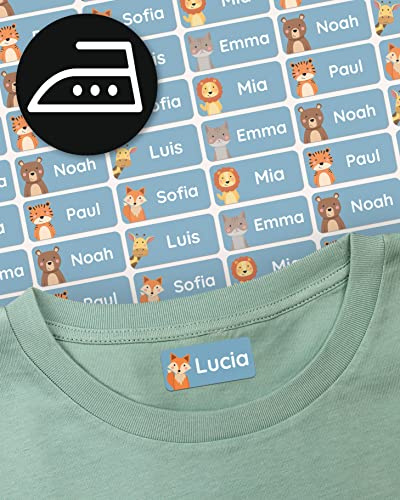 melu kids® Namensschilder für Kleidung zum Aufbügeln (60 Stk, Blau) | Kinder Bügeletiketten mit Namen Waschmaschinenfest und Personalisiert, Namensaufkleber für Kleidung