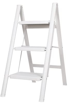 BAOYOUNI Scaletta Pieghevole Leggera e Portatile Scala Domestica 20 cm Pedale Largo Sgabello Antiscivolo Multiuso per Casa Cucina Ufficio Esterno, Portata massima 150 kg (3 Gradini, Bianco)